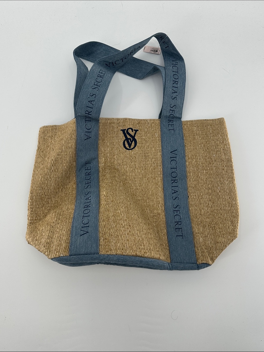 Victoria's Secret Natural Straw Tote with Denim Blue Straps